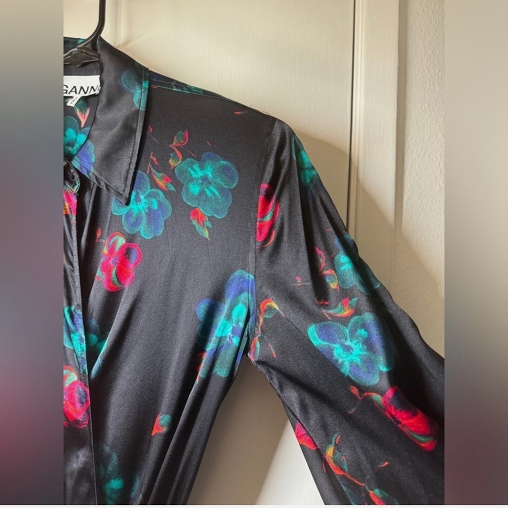 GANNI Black Silk Blend Red Blue Floral Long Puff Sleeves Wrap Mini Dress Size 42 - Picture 9 of 16